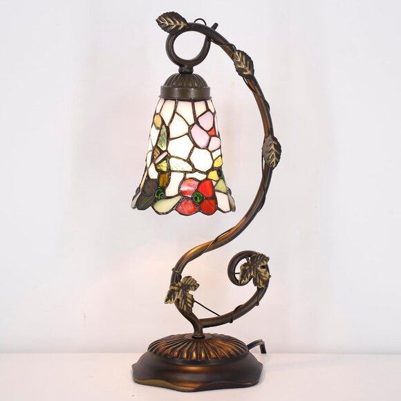 Tiffany Style Handcrafted Stained Glass Flower Butterfly Metal Leaf Base - Picture 4 of 4